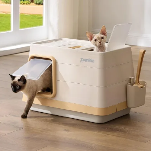 Vista 8 de ZOMISIA Caja de arena para gatos de acero inoxidable, caja de arena cubierta extra grande con tapa, cuchara, filtro de control de olores, cajas