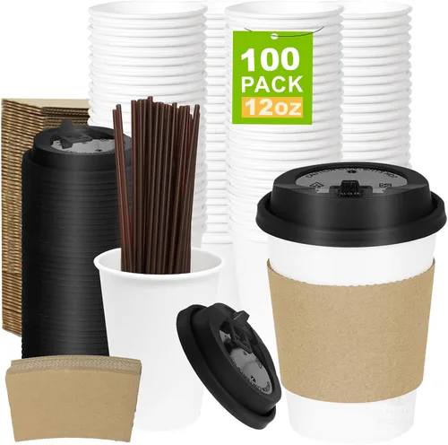 Vista 28 de Paquete de 100 tazas de café desechables de 8 onzas, tazas de papel desechables de color marrón a granel, tazas de café para té caliente, chocolate