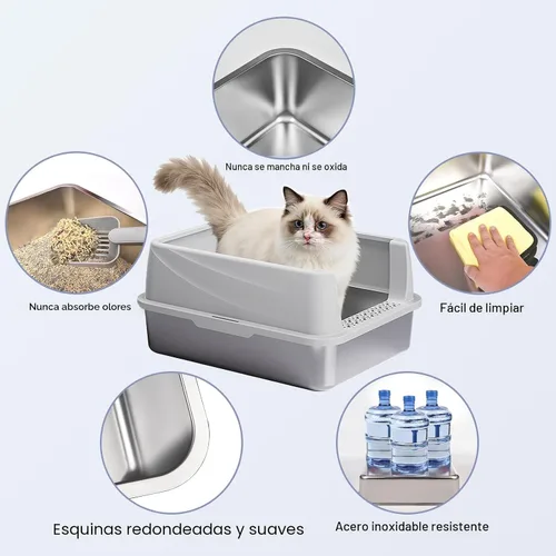Vista 3 de Henkelion Caja de arena para gatos de acero inoxidable con tapa, caja de arena extra grande para gatos grandes con lados altos, antiadherente