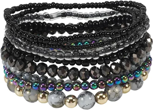 Vista 9 de Caiyao 12 pulseras apilables con cuentas de resina multicapa bohemia, pulseras elásticas de cuentas de cristal de colores, pulseras elásticas
