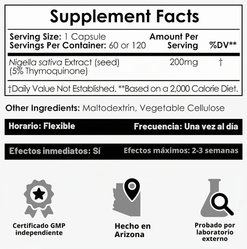 Vista 2 de Nootropics Depot Cápsulas de extracto de Nigella Sativa 200 mg 60 unidades Contenido mínimo del 5% de timoquinona Extracto de aceite