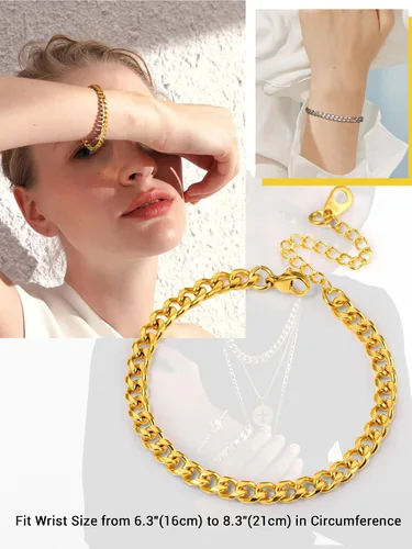 Vista 3 de PROSTEEL Pulsera de acero inoxidable para hombres y mujeres, elegantes pulseras de eslabones cubanos, chapado en oro negro de 18 quilates, ancho