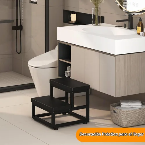 Vista 7 de Taburetes para adultos y niños, taburetes resistentes de madera para camas altas, taburete antideslizante de 2 escalones junto a la cama con Negro