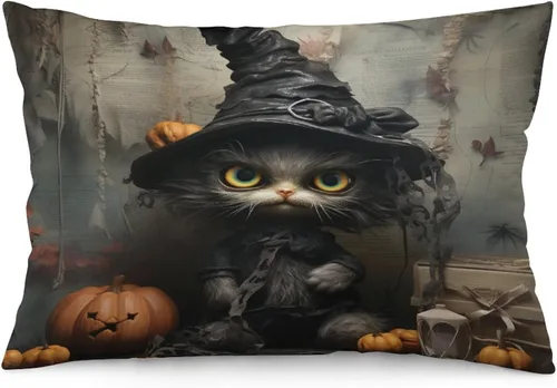Vista 29 de Funda de almohada con sombrero de bruja con diseño de gato de 20 x 30 pulgadas, diseño de impresión de doble cara con cremallera invisible, Patrón 8