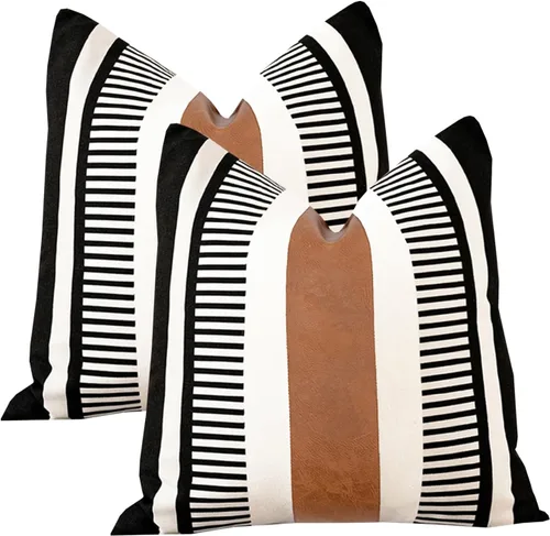Vista 34 de Juego de 2 fundas de almohada bohemias a rayas de 16 x 16 pulgadas, fundas de almohada de cuero modernas para sofá, cama, decoración de granja