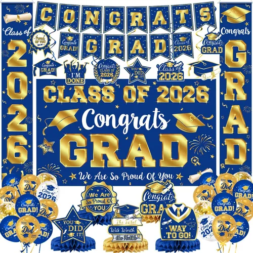 Vista 16 de Decoraciones de graduación 2026, juego de decoraciones de graduación rojo y negro con pancarta y telón de fondo de felicitaciones, letrero