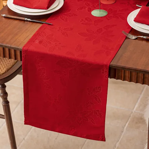 Vista 12 de Joyfol Day Caminos de Mesa Jacquard Verde de Navidad, Camino de Mesa Floral de Damasco Impermeable para Navidad, Vacaciones, Festival de Invierno
