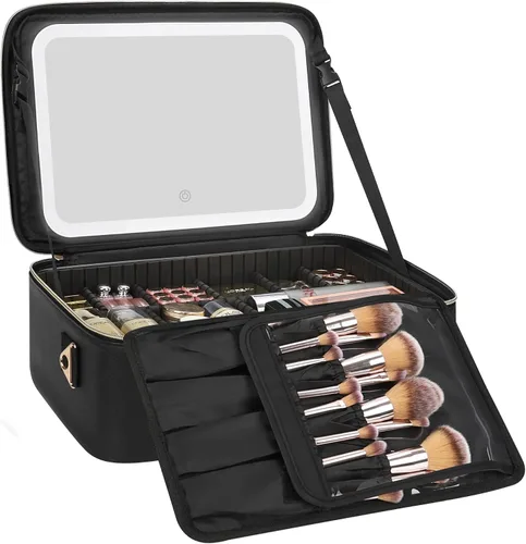 Vista 26 de Relavel Estuche de maquillaje con espejo LED, 01-Negro, Bolsa de maquillaje de viaje con espejo LED para niñas Compact Cosmetic Makeup Organizer