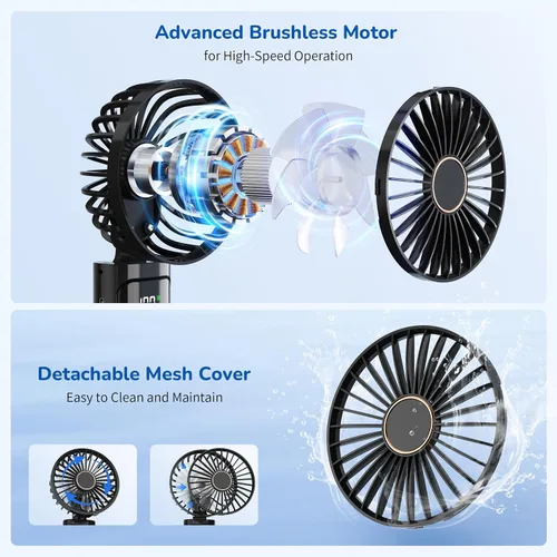 Vista 3 de Ventilador de mano portátil, mini ventilador personal plegable recargable por USB, 5200 mAh, 180 ajustables, viento de 6 velocidades, ventilador