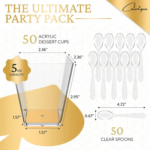 Vista 2 de Mini Copas de Postre con Cucharas (PAQUETE DE 50) (Cucharas Transparentes) (Sin Tapas) – Copas de Plástico de 5 oz para Aperitivos para Parfait