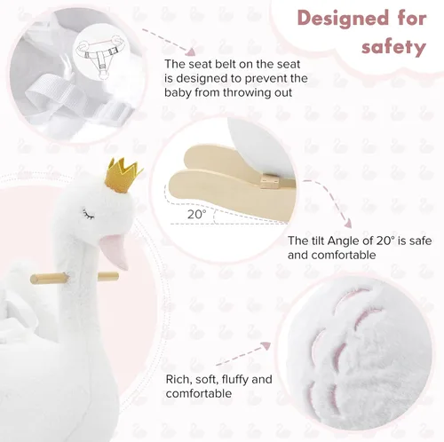 Vista 5 de labebe Caballo mecedor de cisne blanco para niños, animal de peluche en madera para niños de 6 meses, para niños y niñas/guardería, regalo