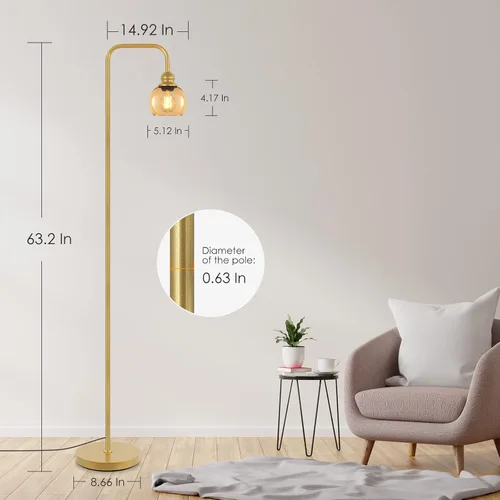 Vista 8 de Lámpara de pie moderna para sala de estar con bombilla LED de 6 W, lámpara de pie industrial, vidrio ámbar, lámpara alta de lectura clásica