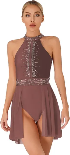 Vista 7 de FEESHOW Women Shiny Rhinestone Lyrical Dance Dress Backless Leotard Dresses Figure Skating Dance Costume E90#negro y blanco