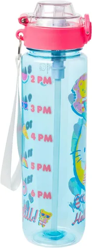 Vista 2 de Silver Buffalo Sanrio Hello Kitty Pool Party - Botella de agua de plástico azul con tapa de bloqueo, correa y rastreador de hidratación, 33 onzas