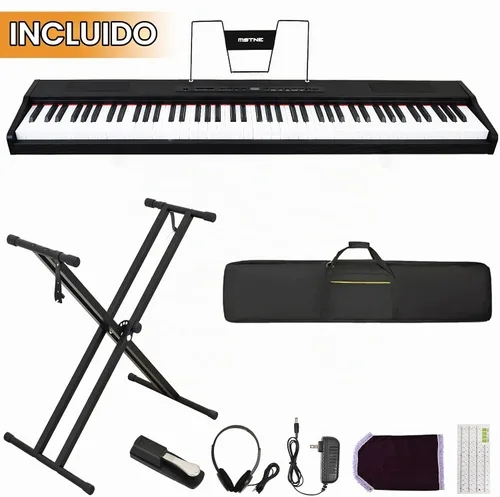 Vista 6 de Piano digital de 88 teclas con teclado semiponderado, teclado de piano de 88 teclas para principiantes con teclas iluminadas, piano eléctrico Negro