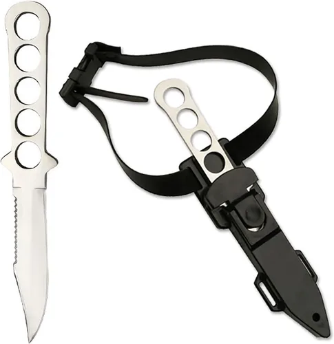 Vista 4 de MASTER USA Cuchillo de buceo, 9 pulgadas en total, hoja de pulido de espejo de 4.25 pulgadas, correa de pierna de mango de acero inoxidable (negro)