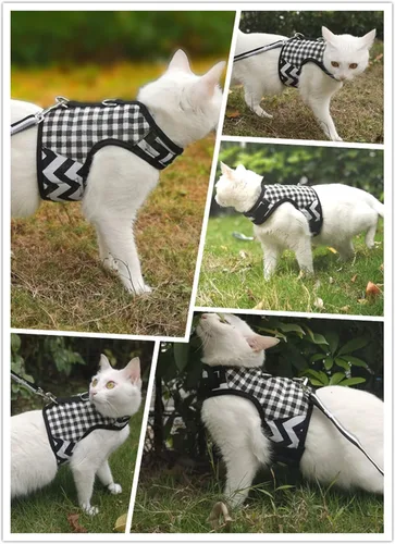 Vista 6 de Arnés de gato con correa, ajustable para gatos, chaleco acolchado para gatos, Black Plaid