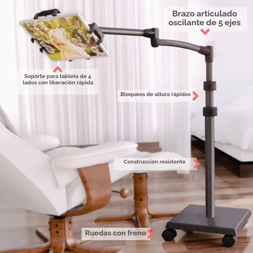 Vista 3 de Levo G2 Soporte Premium para Tablet en el Piso con Brazo Ajustable de 5 Ejes para iPad, Kindle, Samsung – Rango de Altura 30–56 Pulgadas – Lectura