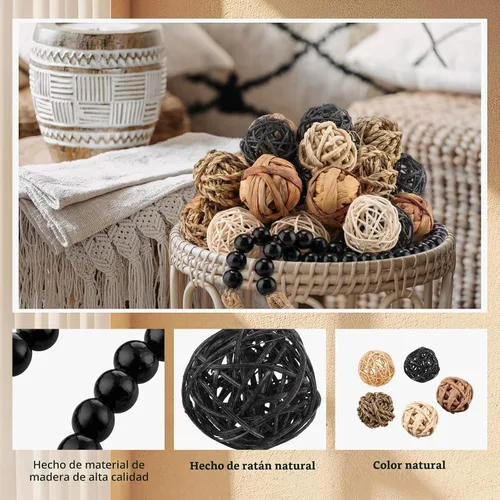 Vista 3 de Halloscume 31 piezas de bolas decorativas de mimbre y ratán con guirnalda de cuentas de madera de 30.3 pulgadas, centros de mesa, cuencos, orbes