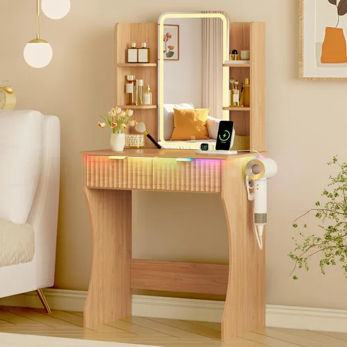Vista 14 de Escritorio de tocador con espejo iluminado HD y luces, pequeño tocador de maquillaje acanalado con cajones y estantes de almacenamiento, juego