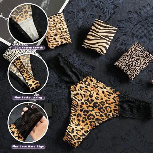 Vista 3 de YDYDAFY Seamless Thongs for Women, 5 Pack of Lace T Back Low Waist 100% Cotton Crotch Thongs for Women Leopard Thong Bikini