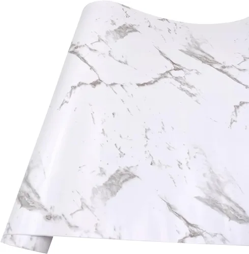 Vista 7 de Revestimiento para estantes y cajones con patrón de mármol blanco, papel de revestimiento de aparador de almacenamiento de cocina, 17.7 x 118