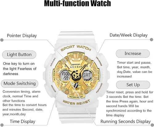 Vista 3 de RORIOS Reloj digital de cuarzo para hombre y mujer reloj deportivo impermeable con temporizador de alarma multifunción para mujeres y niños