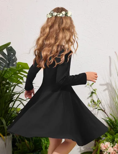 Vista 3 de Arshiner Vestido elástico de manga larga para niñas con línea A, vestido elástico casual