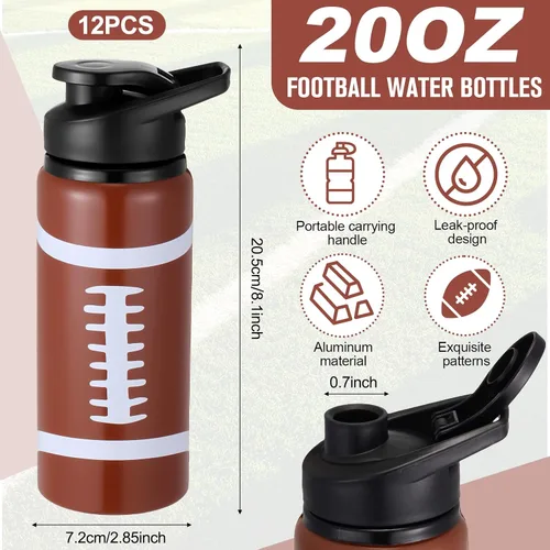Vista 2 de Honeydak Paquete de 12 botellas de agua de fútbol de 20 onzas a granel para hombres, botellas de viaje de metal con tapa a presión y asa