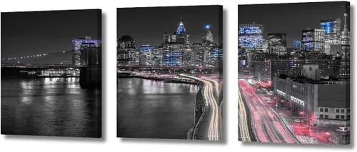 Vista 43 de TUMOVO Arte de pared en blanco y negro con paisaje urbano de Nueva York, decoración de pared de horizonte de Nueva York para sala de estar, puente