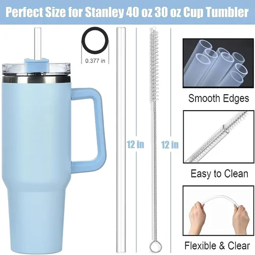 Vista 2 de Paquete de 14 popotes de repuesto para vaso de viaje Stanley Adventure de 40 onzas, popotes de plástico reutilizables con cepillo de limpieza