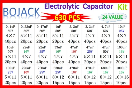 Vista 6 de BOJACK 24Value 630pcs Aluminio Electrolítico Capacitor Surtido Caja Kit Gama 0.1uF-1000uF