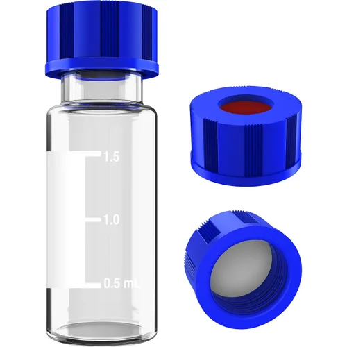 Vista 10 de Viales de muestreo automático de 0.1 fl oz, viales de muestra HPLC/GC, con área de escritura y graduaciones, tapón de rosca 9-425, PTFE azul