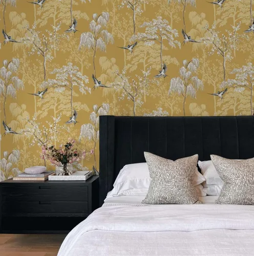 Vista 4 de NextWall Bird Garden - Papel tapiz autoadhesivo (ocre)