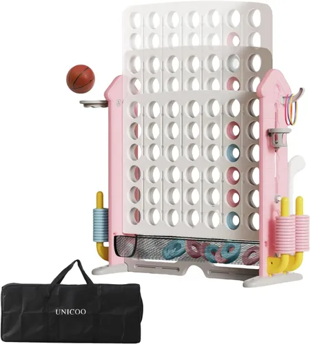 Vista 10 de UNICOO Juego gigante 4 en una fila con bolsa de transporte, aro de baloncesto, juego de lanzamiento de anillo, juego de 4 a puntuación Juego