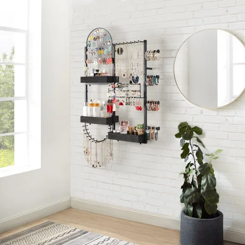 Vista 8 de Keebofly Organizador de joyas colgante de montaje en pared, soporte de exhibición grande para aretes, anillos, collares, pulseras, relojes y Negro
