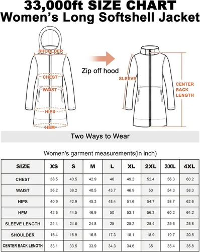 Vista 7 de 33,000ft Chaqueta impermeable Softshell larga para mujer con capucha forro polar cortavientos cortavientos