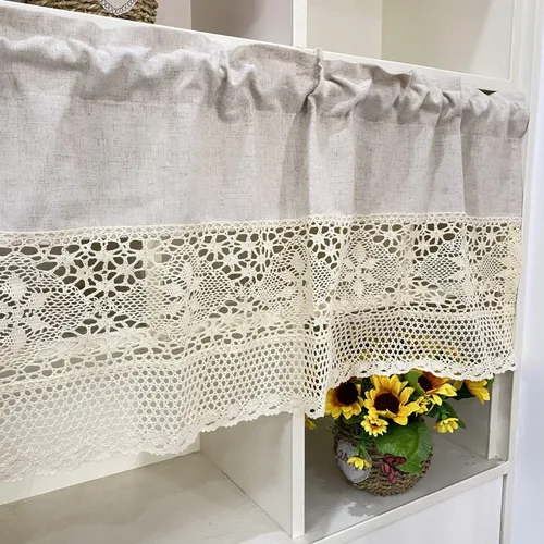 Vista 3 de Cenefa de cortina rústica bohemia para ventana de cocina, casa de campo, hecha a mano, entretejido de encaje de ganchillo, tela de algodón, cortinas