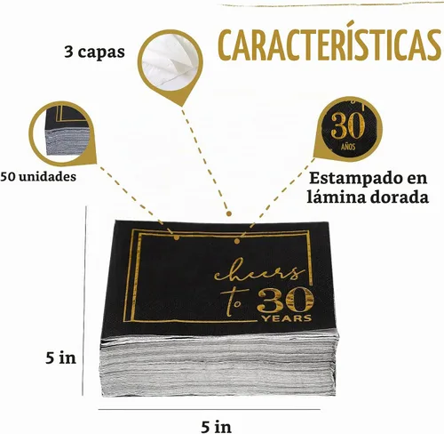 Vista 2 de Servilletas de cóctel para celebrar años - paquete de 50 - servilletas de cumpleaños desechables de 3 capas de 5x5 pulgadas, servilletas de papel