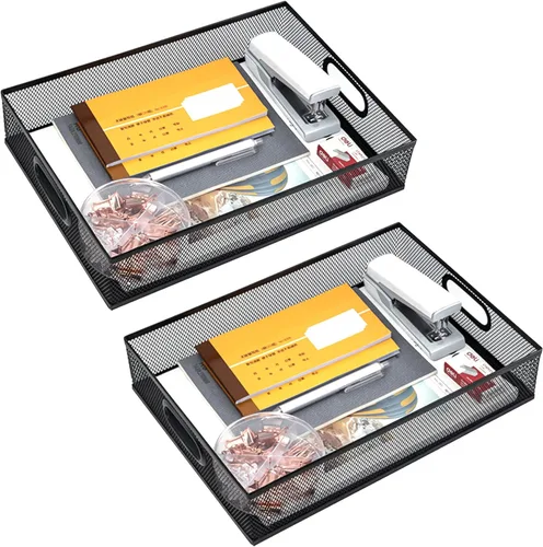 Vista 8 de Organizador de cajones de escritorio, bandeja de escritorio grande de malla metálica A4, juego de caja de almacenamiento versátil para suministros