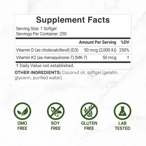 Vista 2 de DEAL SUPPLEMENT Vitamina D3 2,000 UI + K2 MK7 50mcg cápsulas blandas Complejo 2 en 1 con aceite de coco virgen Apoya la salud del corazón
