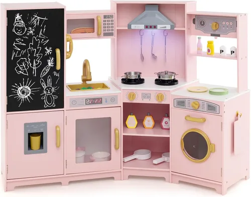 Vista 10 de Costzon Juego de cocina para niños, juego de cocina de juguete de simulación para niños pequeños con luces y sonidos reales, fregadero y grifo