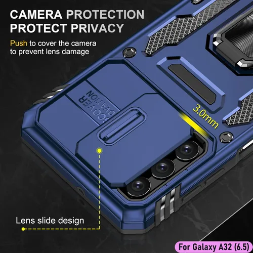 Vista 4 de Funda resistente para Samsung Galaxy A32 (5G), protector híbrido de goma de doble capa de grado militar con protector de cámara deslizante, soporte