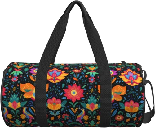 Vista 5 de Large Duffle Bag for Travel - Retro Hand-Drawn Flowers Print Gym Bag for Women Men, Travel Foldable Bags for Women Men with Zippered Multiple Pockets