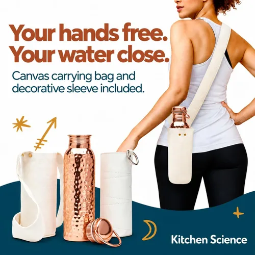 Vista 2 de Kitchen Science Botella de agua de cobre ayurvédica auténtica con asa (34 oz/1000 ml) Testada en laboratorio, a prueba de fugas Incluye fundas