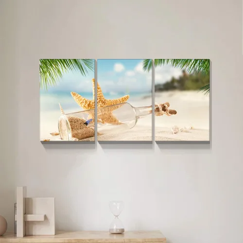 Vista 3 de YONICA Lienzo decorativo de 3 paneles de 3 paneles con diseño de botella de mar y deriva en la playa, impresiones sobre lienzo, arte de pared