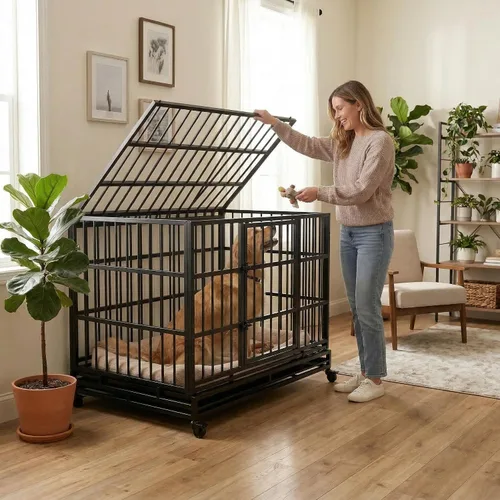 Vista 7 de Jaula plegable indestructible para perros con ruedas, jaula de metal resistente a prueba de escapes de 48 pulgadas para perros grandes y medianos