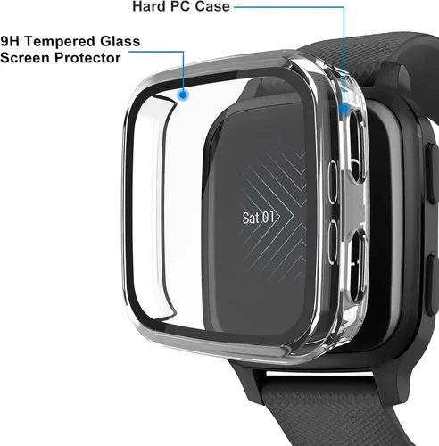 Vista 2 de Paquete de 2 fundas compatibles con protector de pantalla Garmin Venu Sq con vidrio templado 9H, carcasa rígida de policarbonato antiarañazos