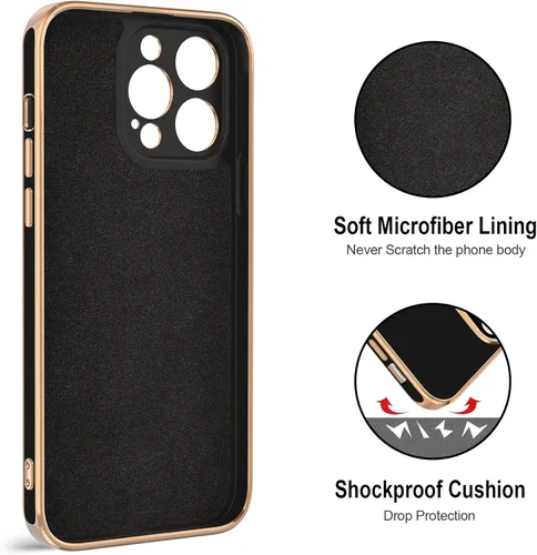Vista 3 de Hython - Funda para iPhone 14 Pro con soporte de anillo [soporte magnético de anillo giratorio de 360°] [soporte para montaje en coche] Borde dorado