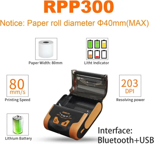 Vista 2 de Impresora POS portátil Rongta de 80 mm, impresora térmica móvil de recibos, conexión USB y Bluetooth, compatible con teléfono Android,